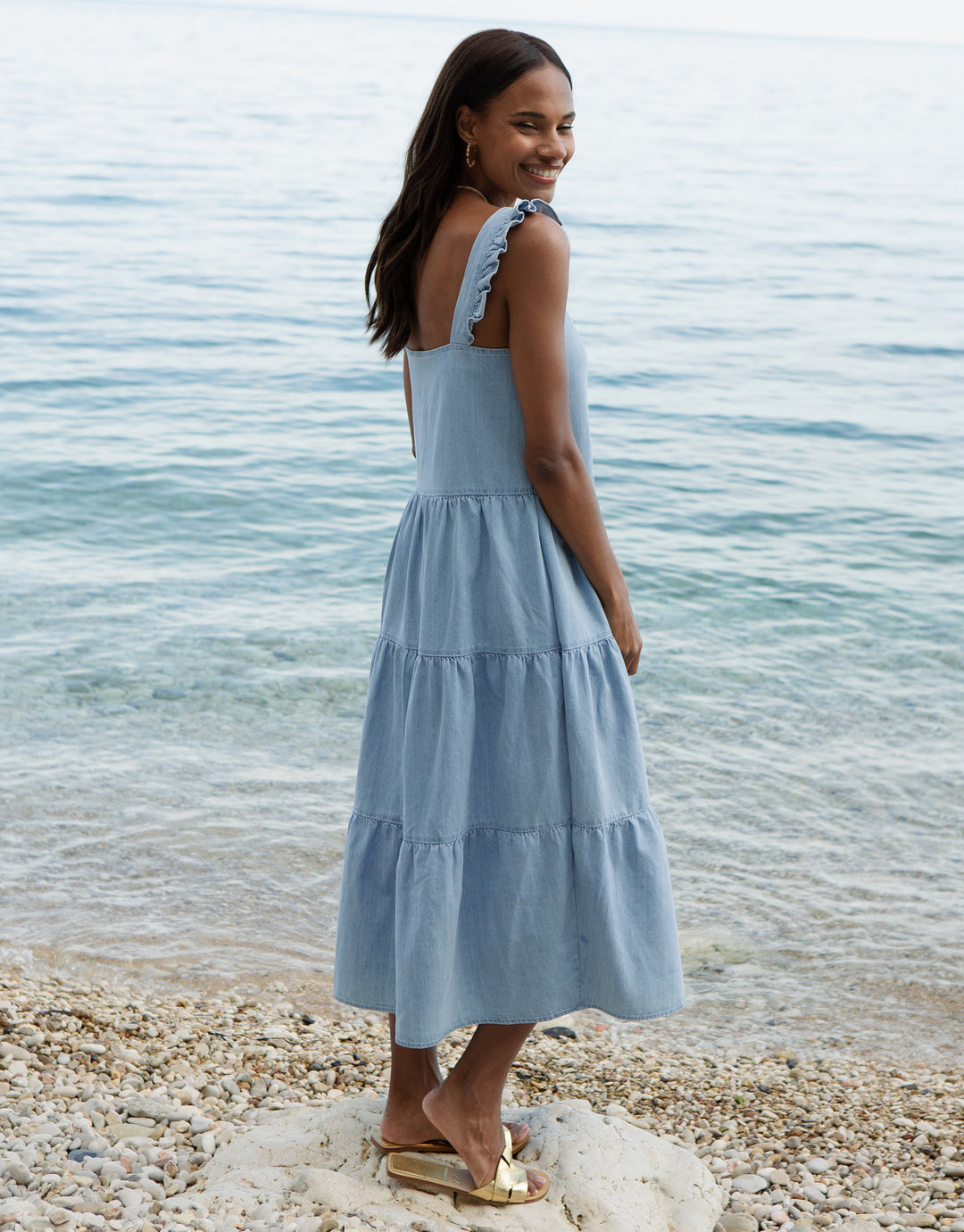Light Blue Chambray Button Down Tiered Midi Dress with Flutter Strap