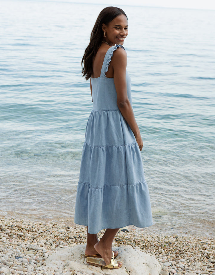 Light Blue Chambray Button Down Tiered Midi Dress with Flutter Strap