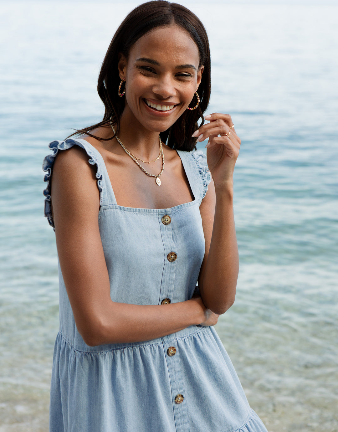 Light Blue Chambray Button Down Tiered Midi Dress with Flutter Strap