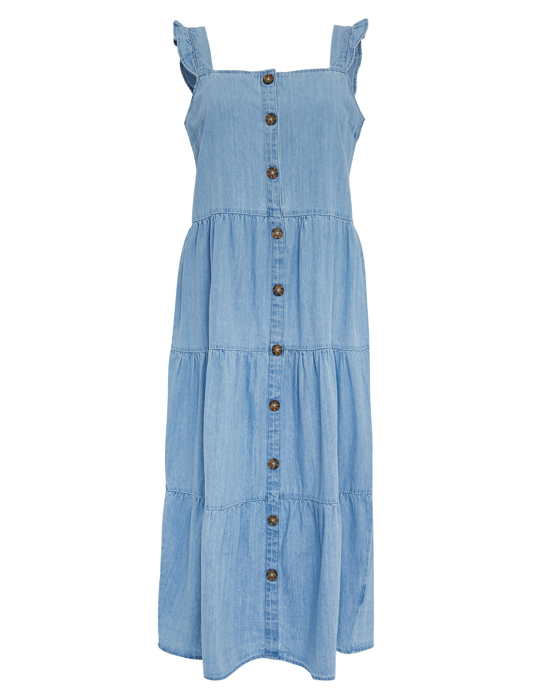 Light Blue Chambray Button Down Tiered Midi Dress with Flutter Strap