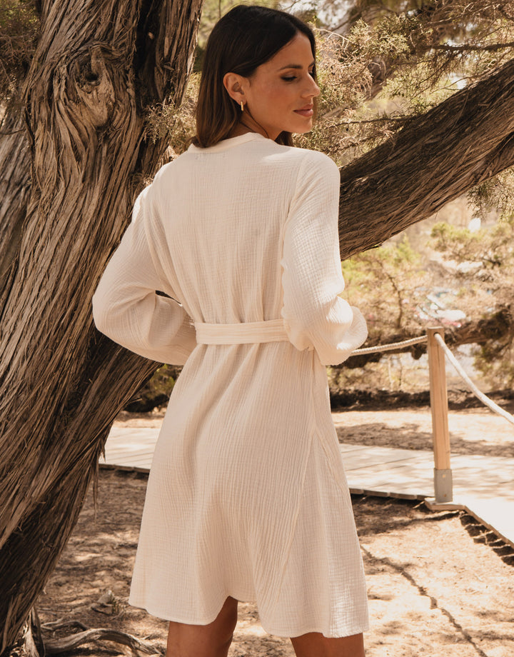 Stone Belted Grandad Collar Cotton Crinkle Shirt Dress