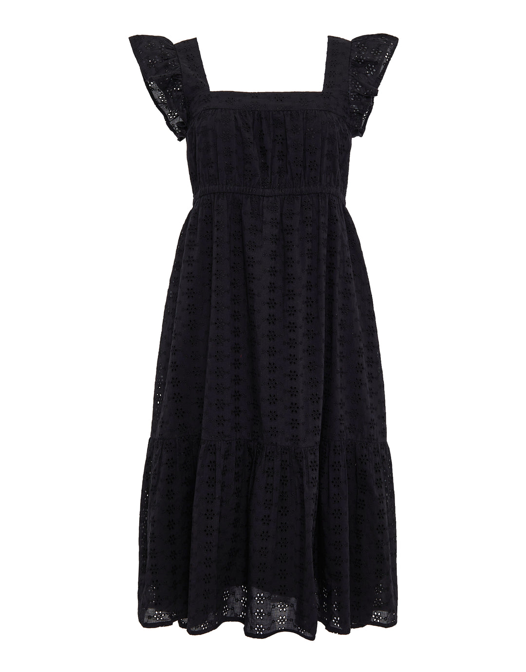 Black Broderie Anglaise Frill Sleeve Tiered Midi Smock Dress