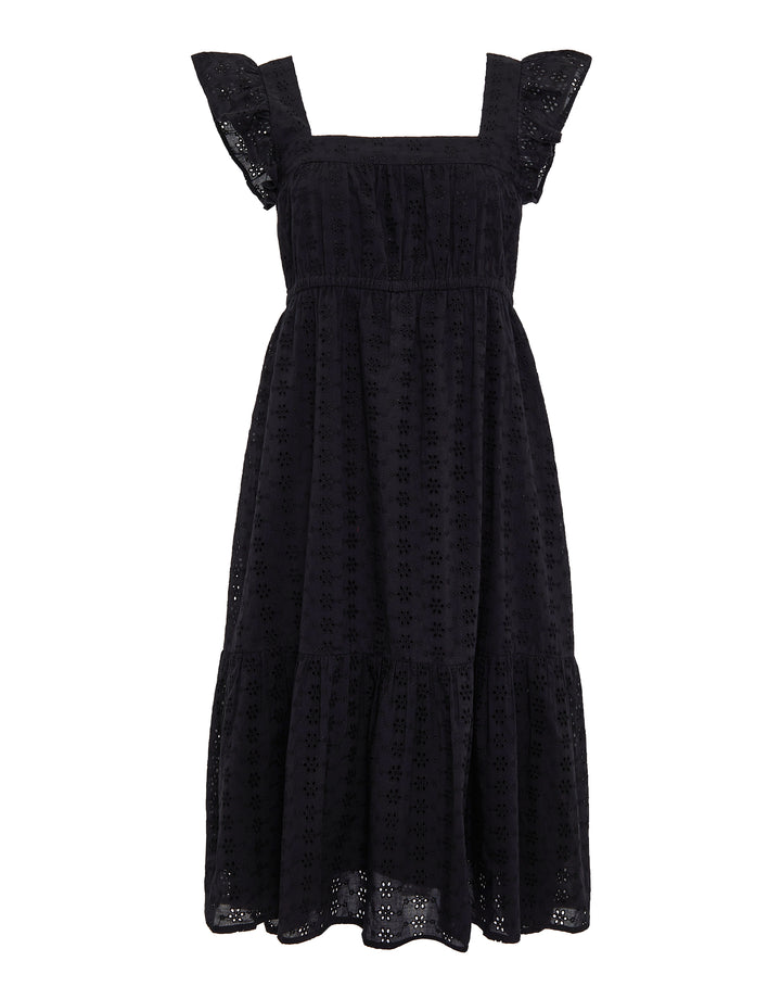 Black Broderie Anglaise Frill Sleeve Tiered Midi Smock Dress