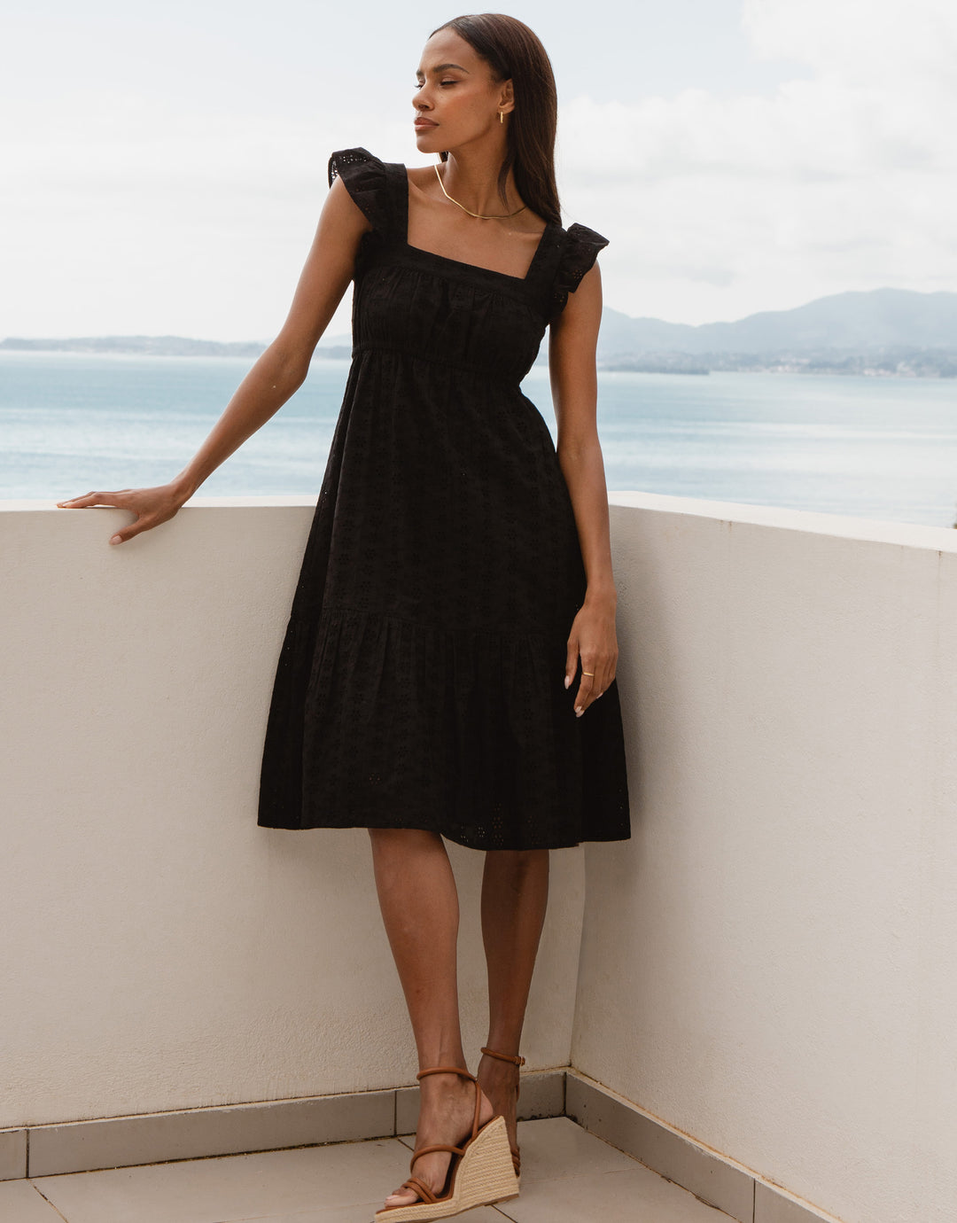 Threadbare Women's Black Broderie Anglaise Frill Sleeve Tiered Ladies' Midi Smock Dress Threadbare Women's Black Broderie Anglaise Frill Sleeve Tiered Ladies' Midi Smock Dress