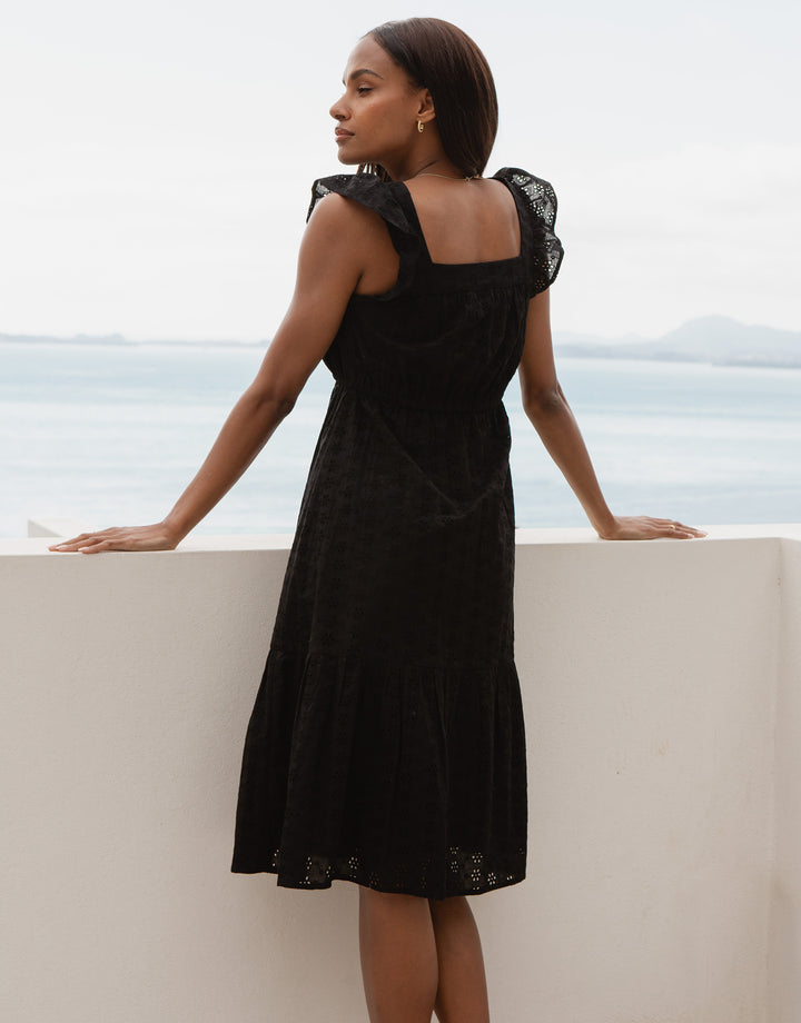 Black Broderie Anglaise Frill Sleeve Tiered Midi Smock Dress