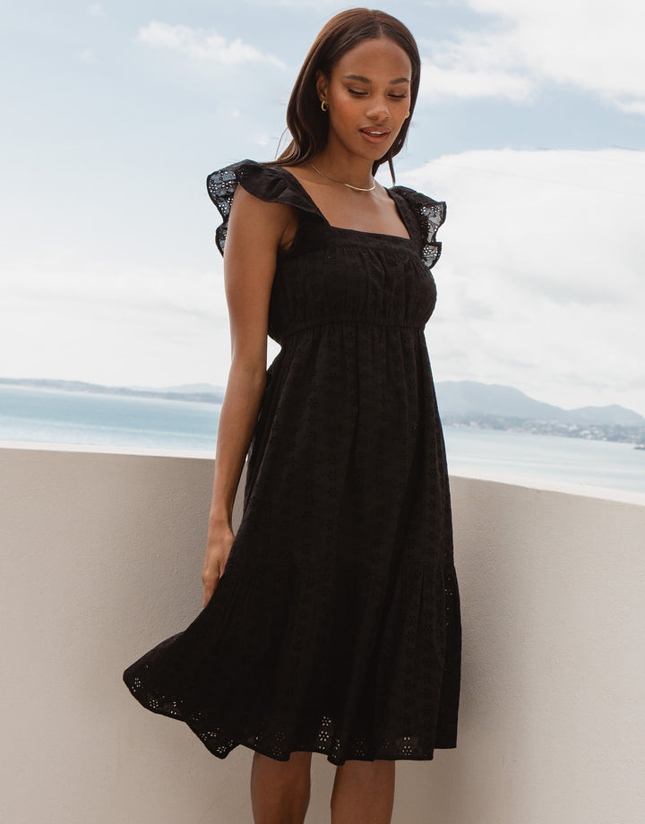 Black Broderie Anglaise Frill Sleeve Tiered Midi Smock Dress