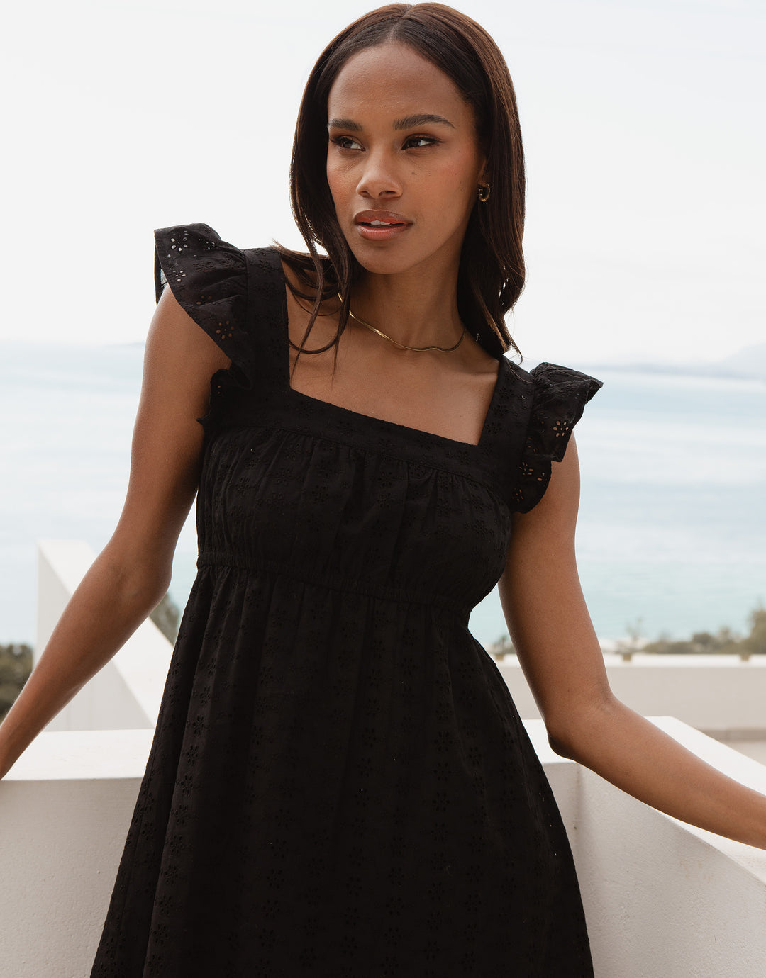 Black Broderie Anglaise Frill Sleeve Tiered Midi Smock Dress