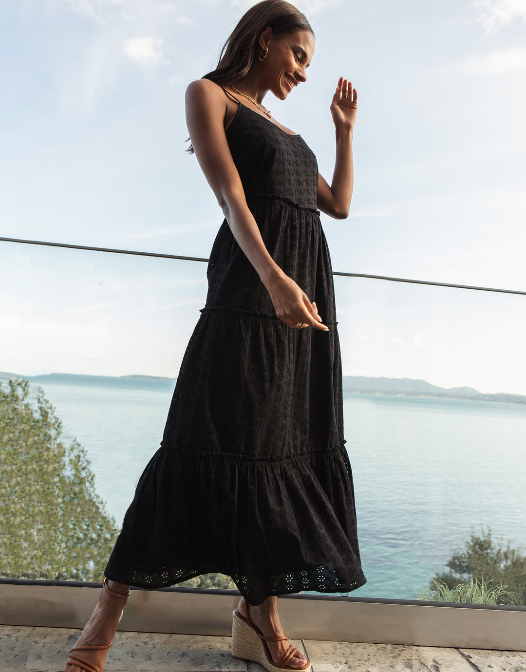 Threadbare Women's Black Broderie Anglaise Cami Strap Tiered Ladies' Maxi Dress Threadbare Women's Black Broderie Anglaise Cami Strap Tiered Ladies' Maxi Dress