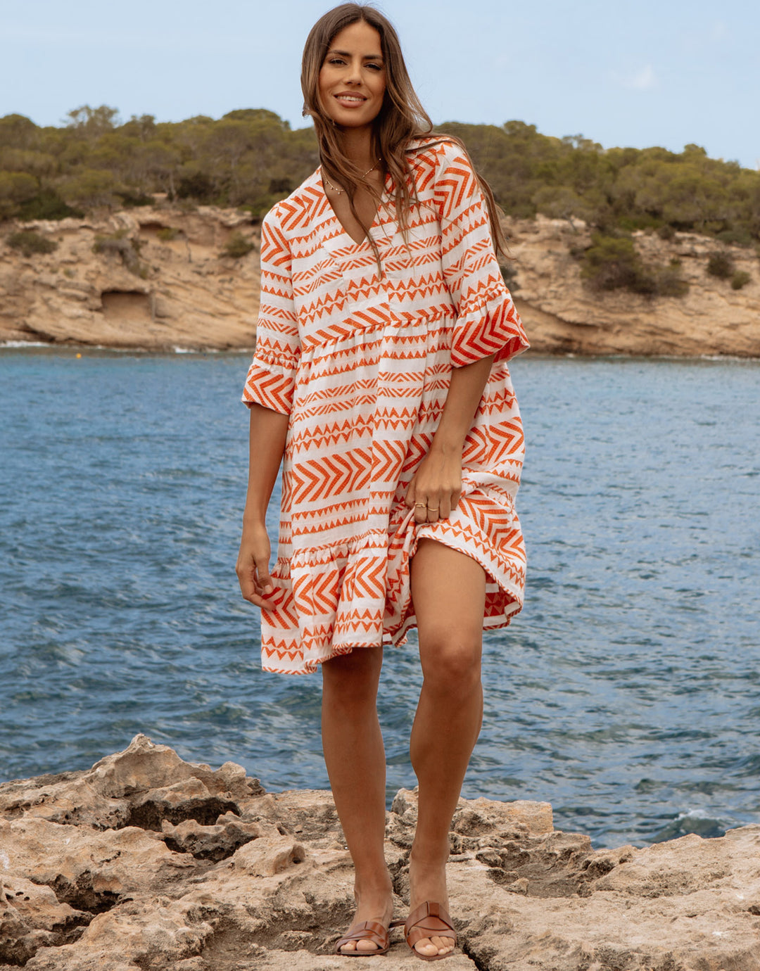 Threadbare Women's White & Orange Embroidered Aztec V Neck Tiered Ladies' Smock Dress Threadbare Women's White & Orange Embroidered Aztec V Neck Tiered Ladies' Smock Dress