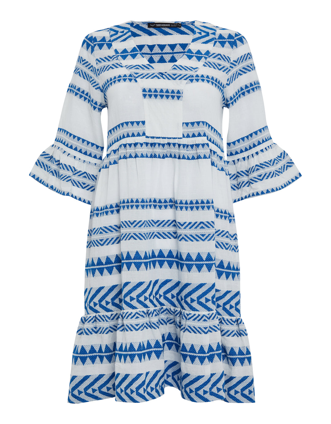 White & Blue Embroidered Aztec V Neck Tiered Smock Dress