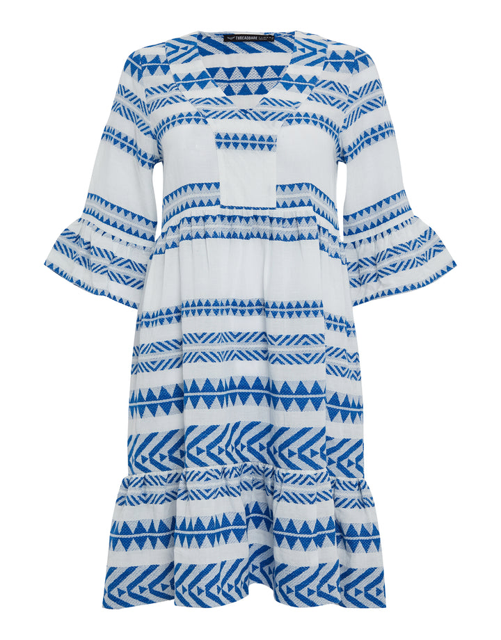 White & Blue Embroidered Aztec V Neck Tiered Smock Dress