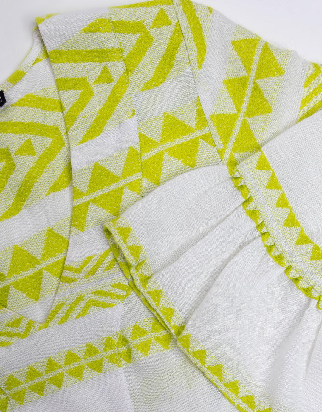 White & Lime Green Embroidered Aztec V Neck Tiered Smock Dress
