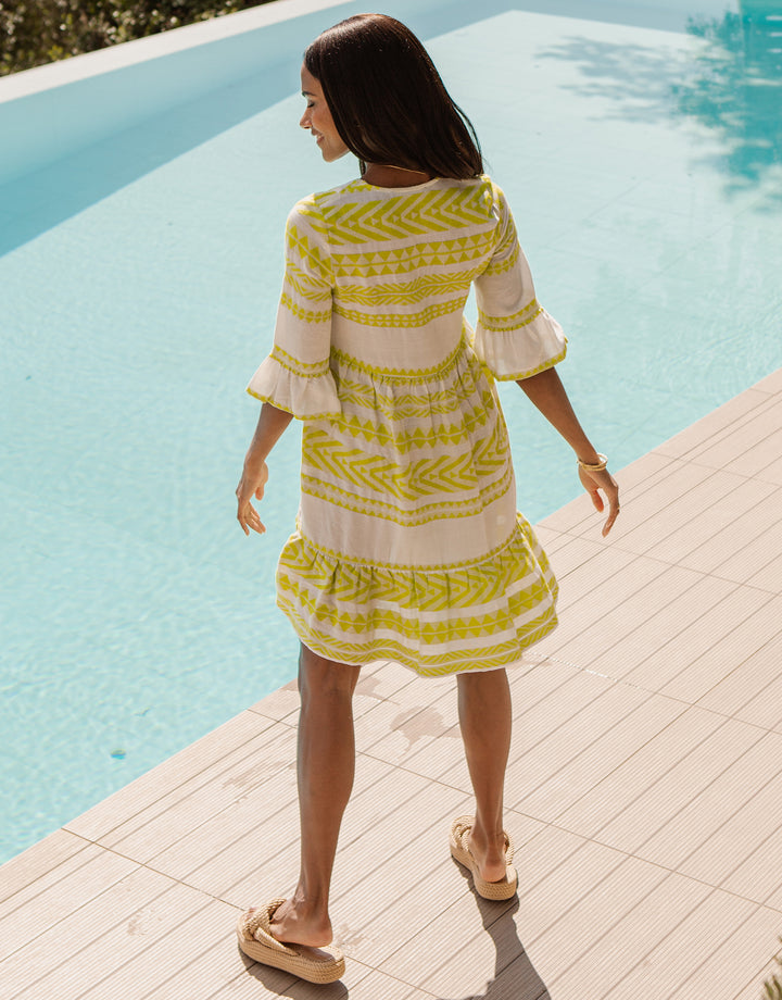 White & Lime Green Embroidered Aztec V Neck Tiered Smock Dress