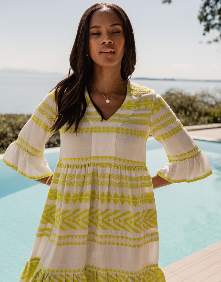 White & Lime Green Embroidered Aztec V Neck Tiered Smock Dress