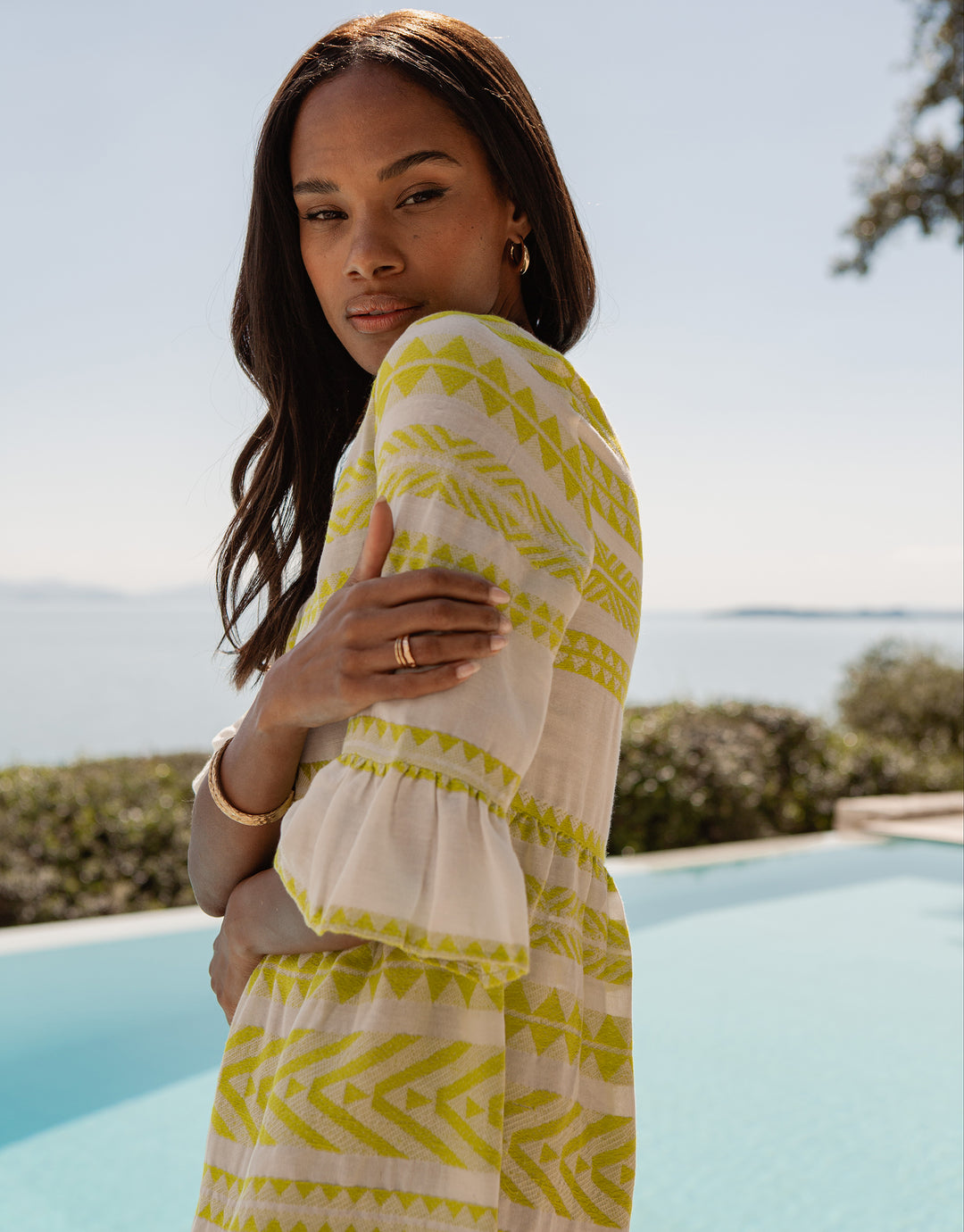 White & Lime Green Embroidered Aztec V Neck Tiered Smock Dress