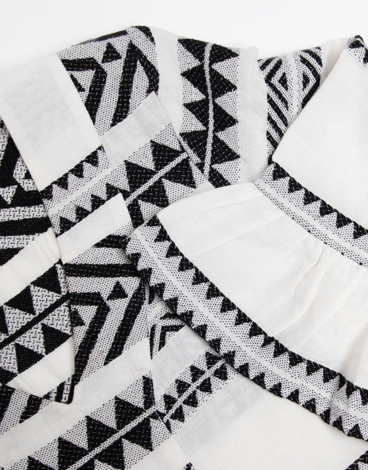 White & Black Embroidered Aztec V Neck Tiered Smock Dress