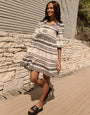 White & Black Embroidered Aztec V Neck Tiered Smock Dress