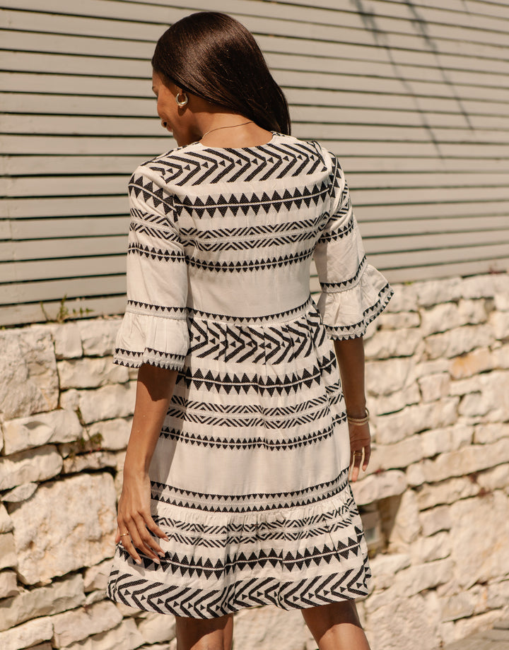 White & Black Embroidered Aztec V Neck Tiered Smock Dress