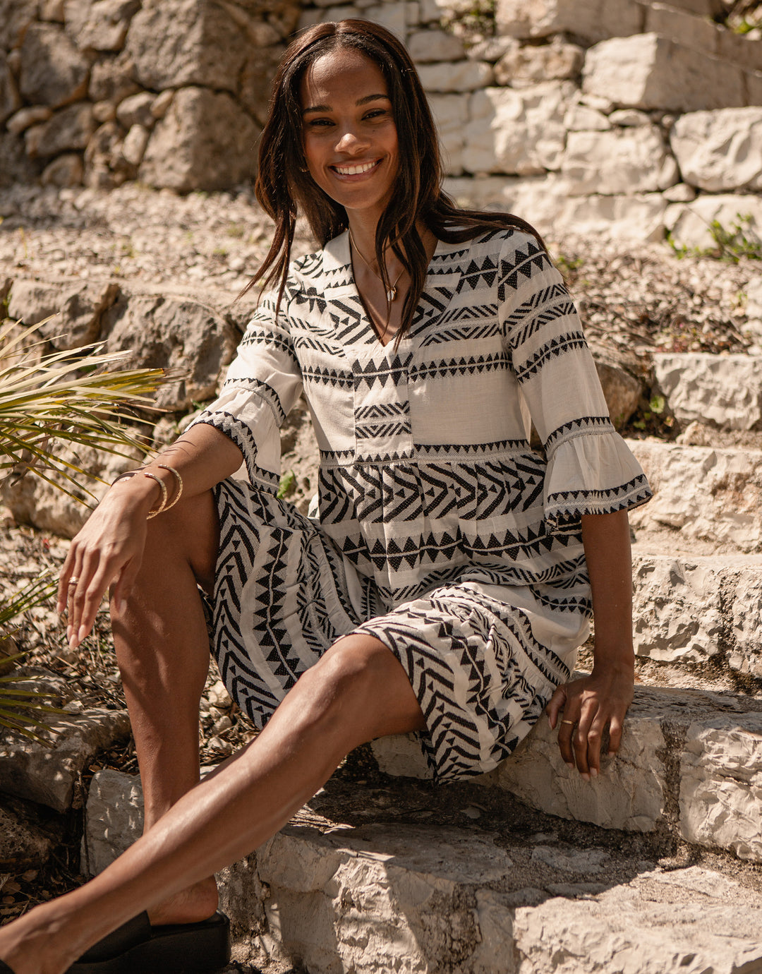 White & Black Embroidered Aztec V Neck Tiered Smock Dress