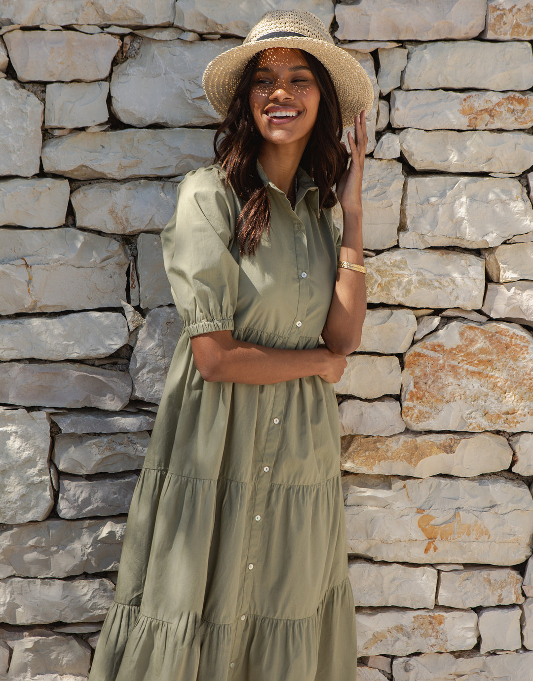 Khaki Green Button Down Collared Tiered Maxi Shirt Dress