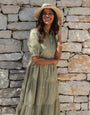Khaki Green Button Down Collared Tiered Maxi Shirt Dress