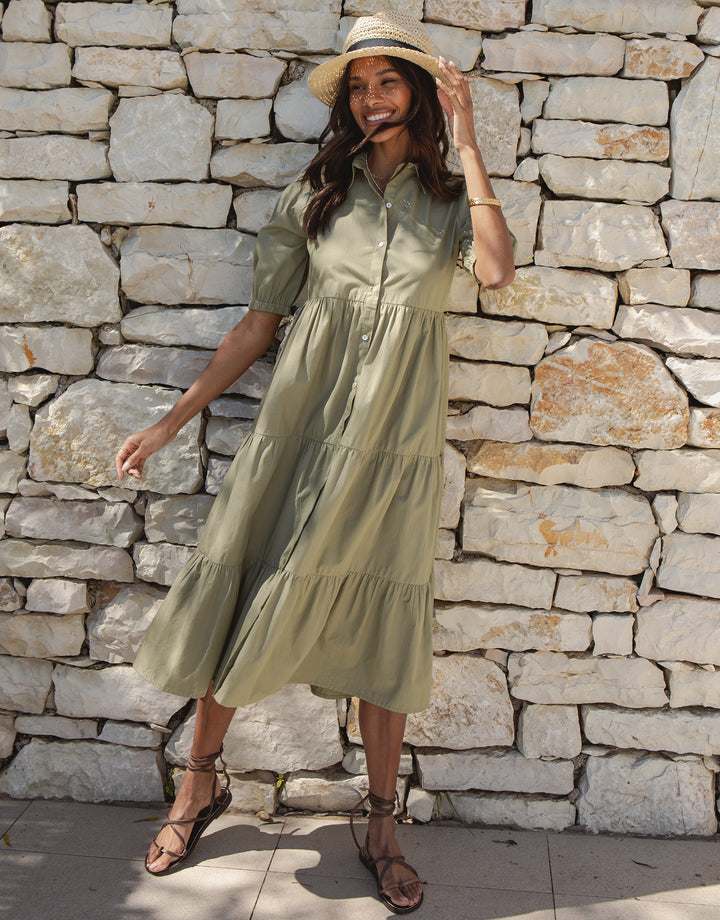 Khaki Green Button Down Collared Tiered Maxi Shirt Dress