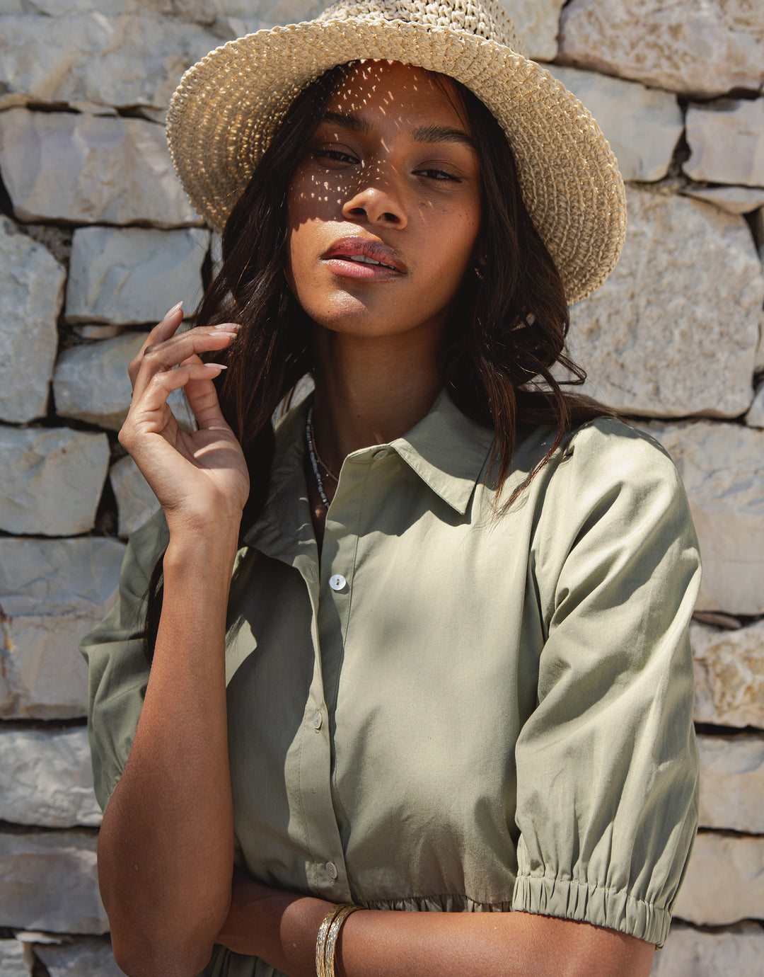 Khaki Green Button Down Collared Tiered Maxi Shirt Dress