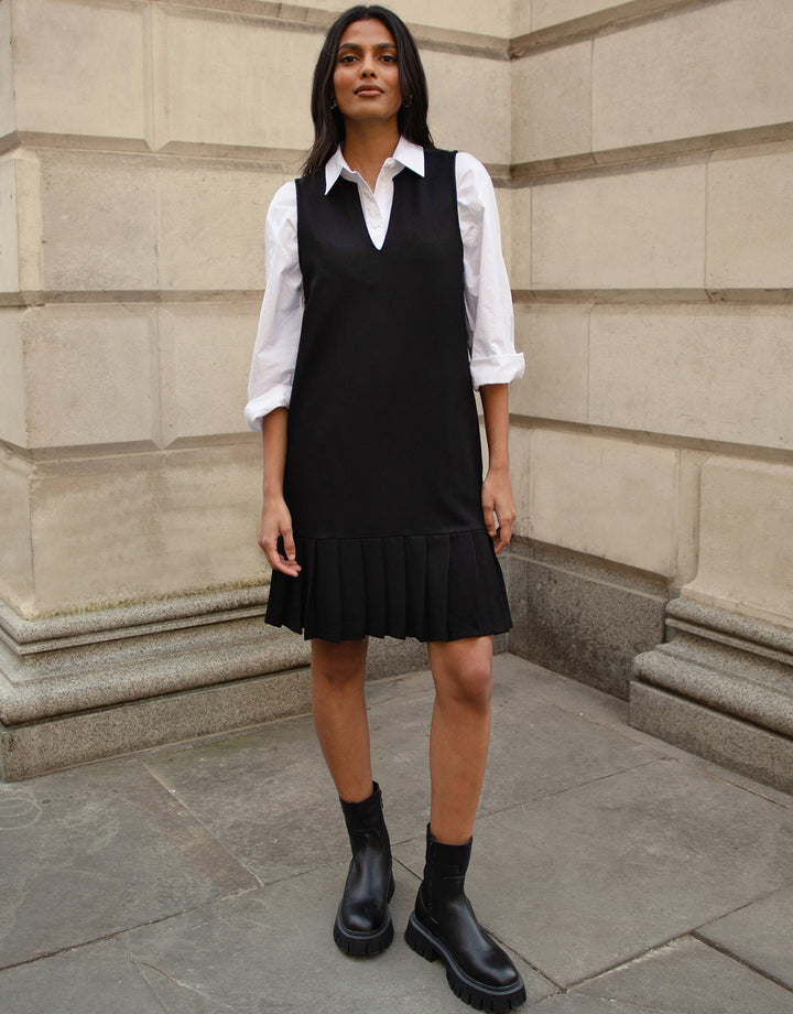 Black Notch V Neck Pleated Hem Ponte Pinafore Dress