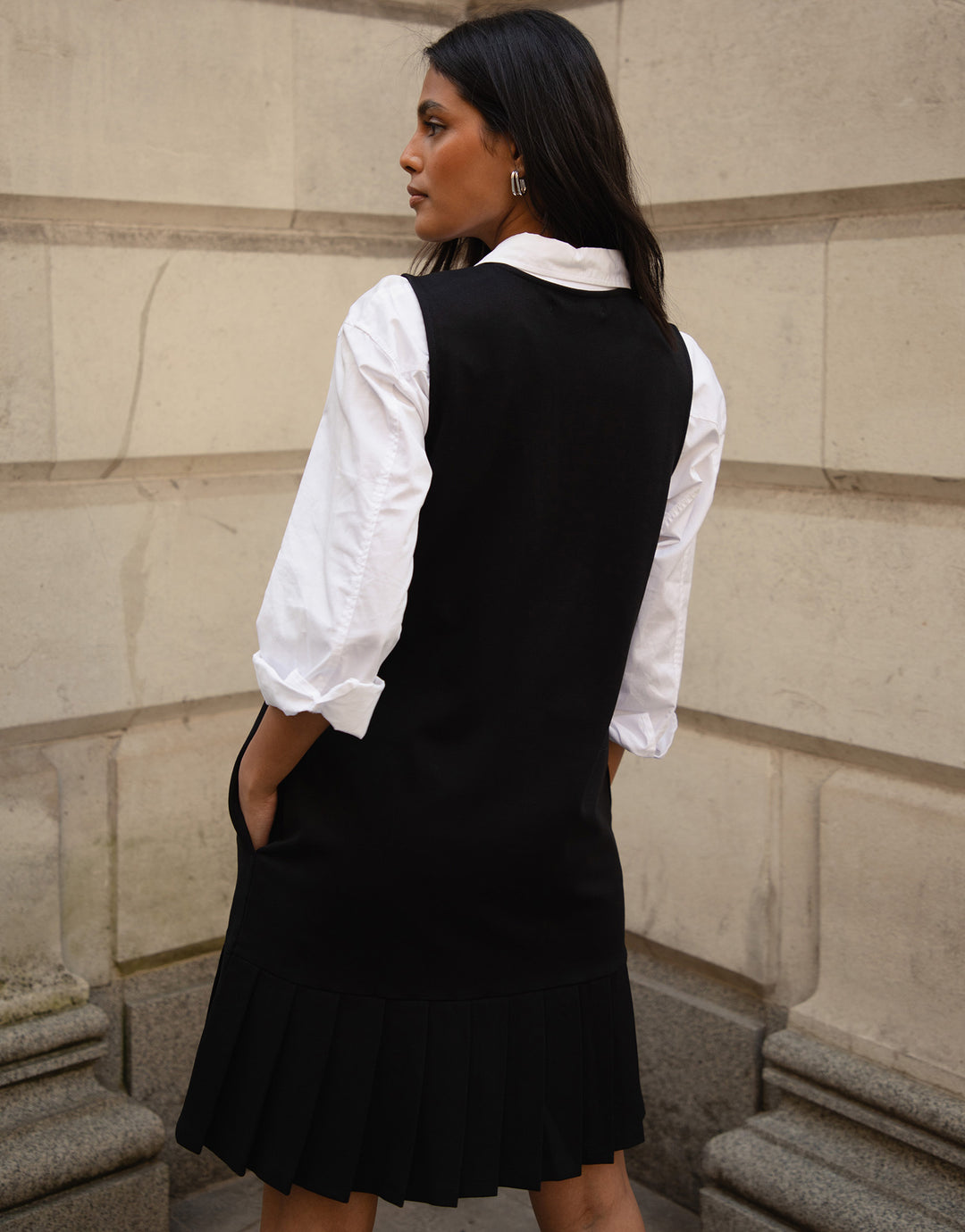 Black Notch V Neck Pleated Hem Ponte Pinafore Dress