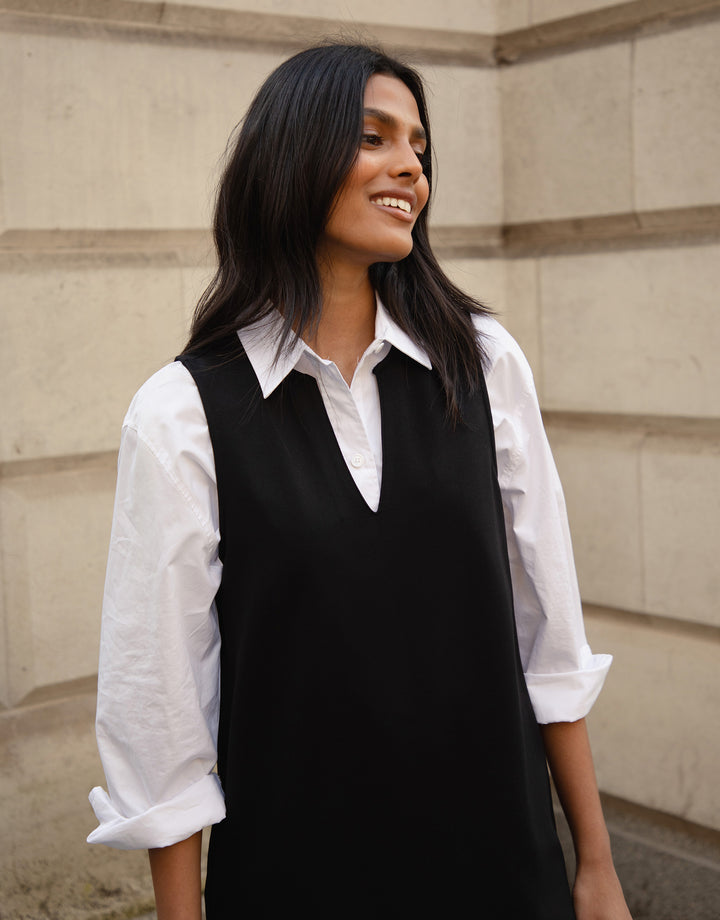 Black Notch V Neck Pleated Hem Ponte Pinafore Dress