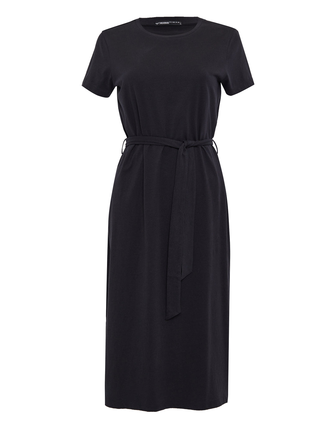 Black Jersey Tie Belt Short Sleeve Midi Dress