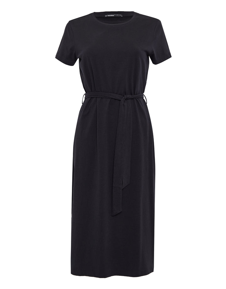 Black Jersey Tie Belt Short Sleeve Midi Dress