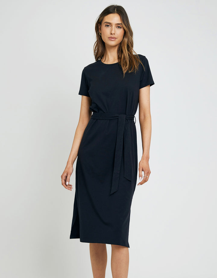 Black Jersey Tie Belt Short Sleeve Midi Dress