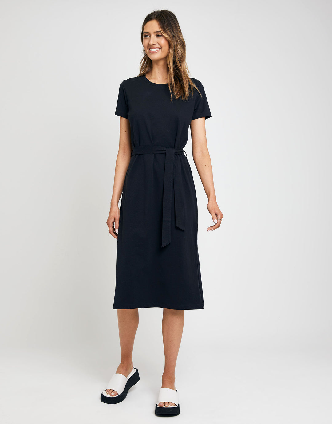 Black Jersey Tie Belt Short Sleeve Midi Dress