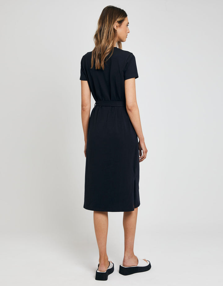 Black Jersey Tie Belt Short Sleeve Midi Dress