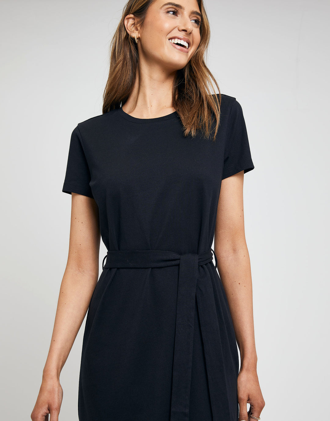 Black Jersey Tie Belt Short Sleeve Midi Dress
