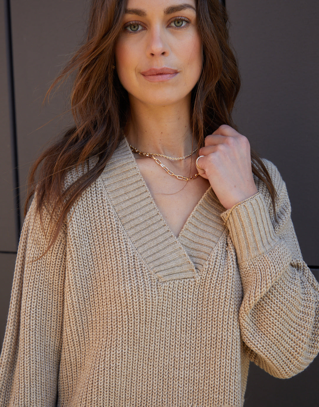 Petite Stone V-Neck Knitted Jumper Dress