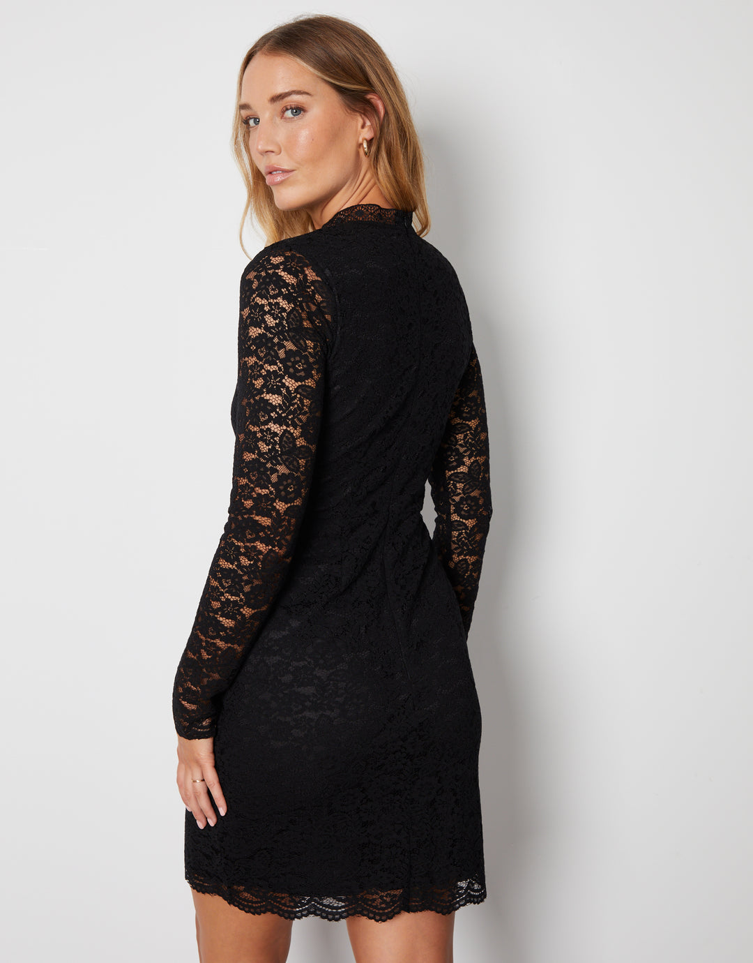 Black Lace High Neck Scalloped Edge Mini Dress