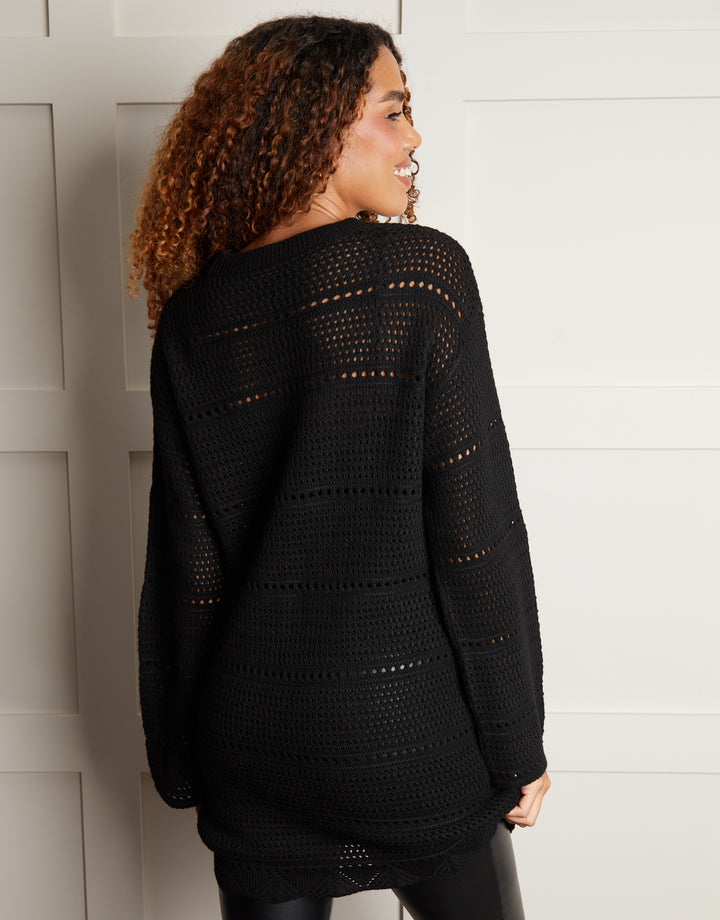 Black Crochet Long Sleeve Mini Dress