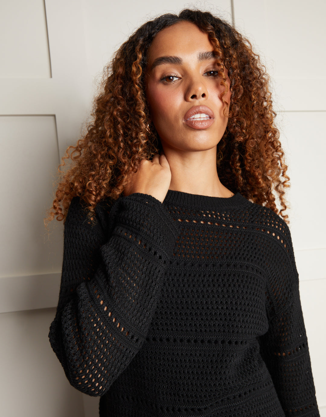 Black Crochet Long Sleeve Mini Dress