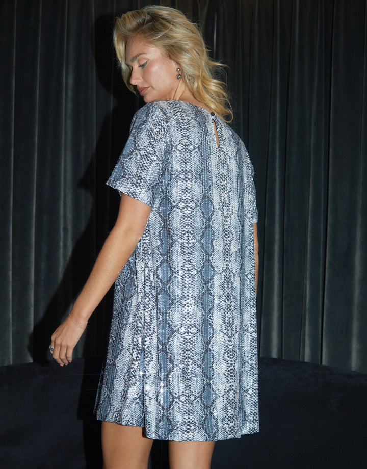 Snake Print Sequin Mini Party Dress in Grey