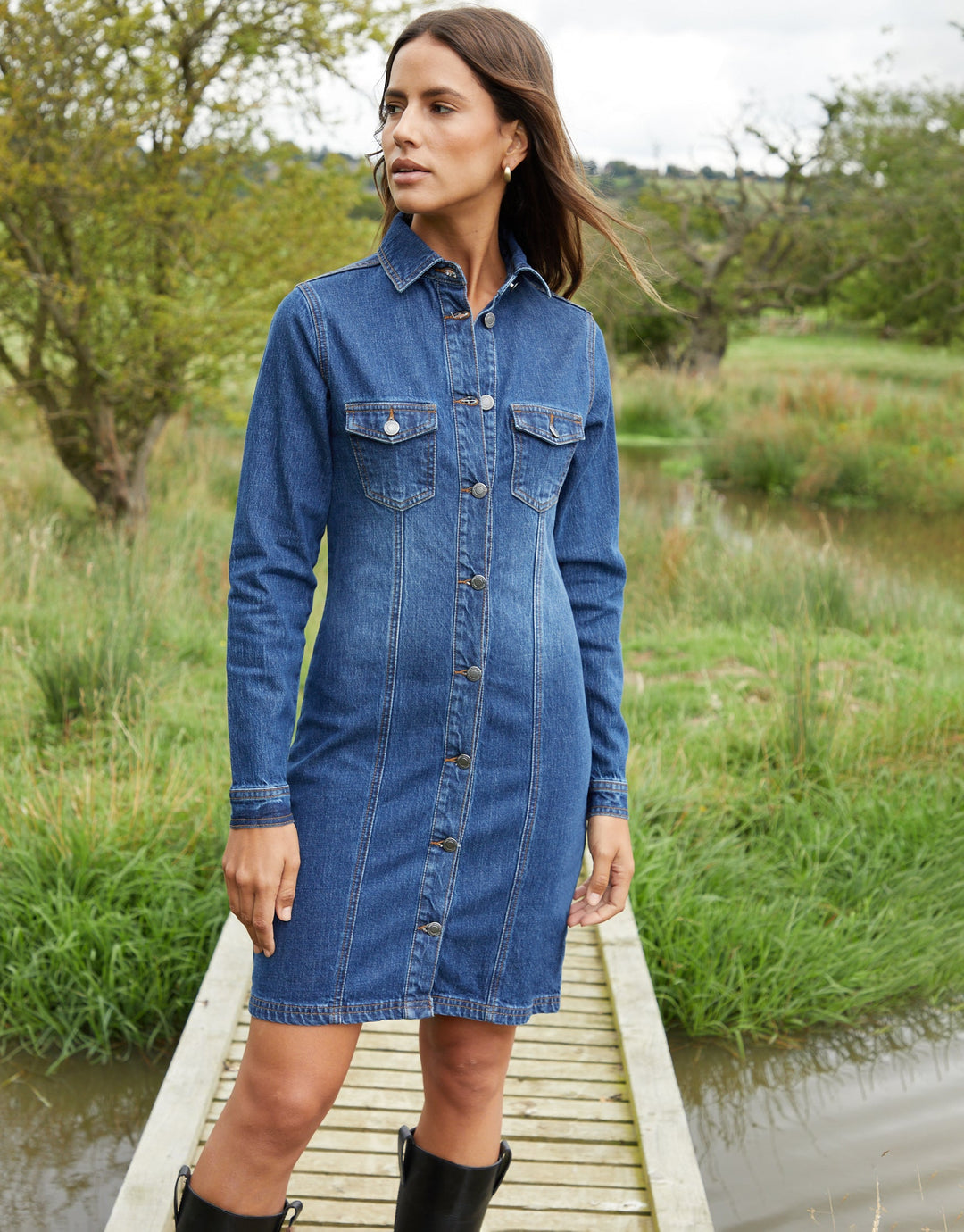 Threadbare Women's Mid Blue Wash Long Sleeve Denim Mini Dress