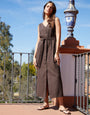 Chocolate Brown Linen Blend Belted Button Down Maxi Dress