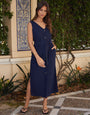 Linen Blend Belted Button Down Maxi Dress in Navy