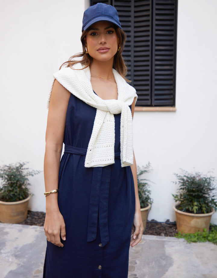 Linen Blend Belted Button Down Maxi Dress in Navy