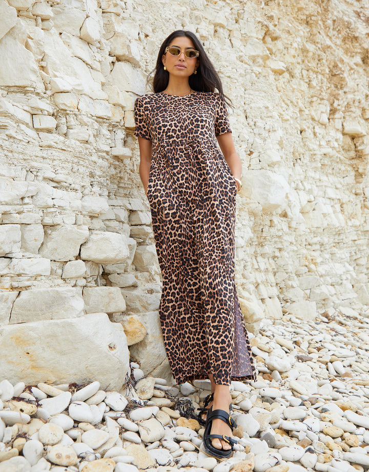 Leopard Print Jersey Maxi Dress with Pockets
