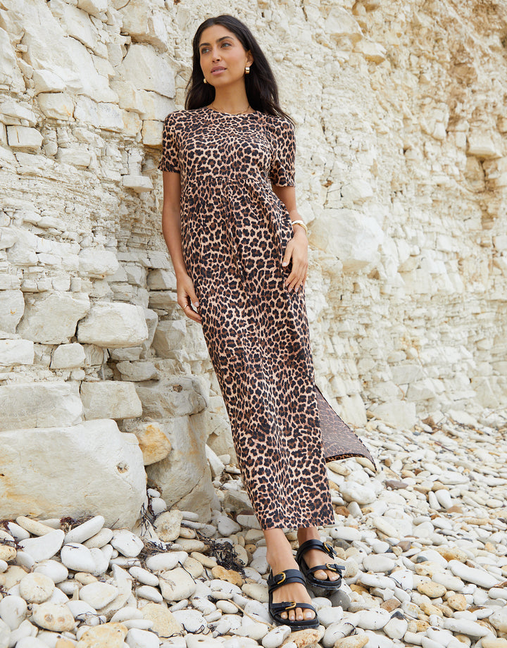 Leopard Print Jersey Maxi Dress with Pockets