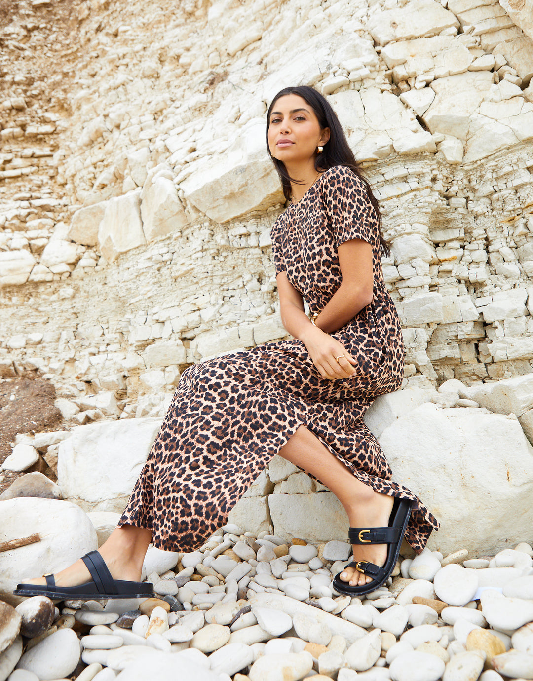 Leopard Print Jersey Maxi Dress with Pockets