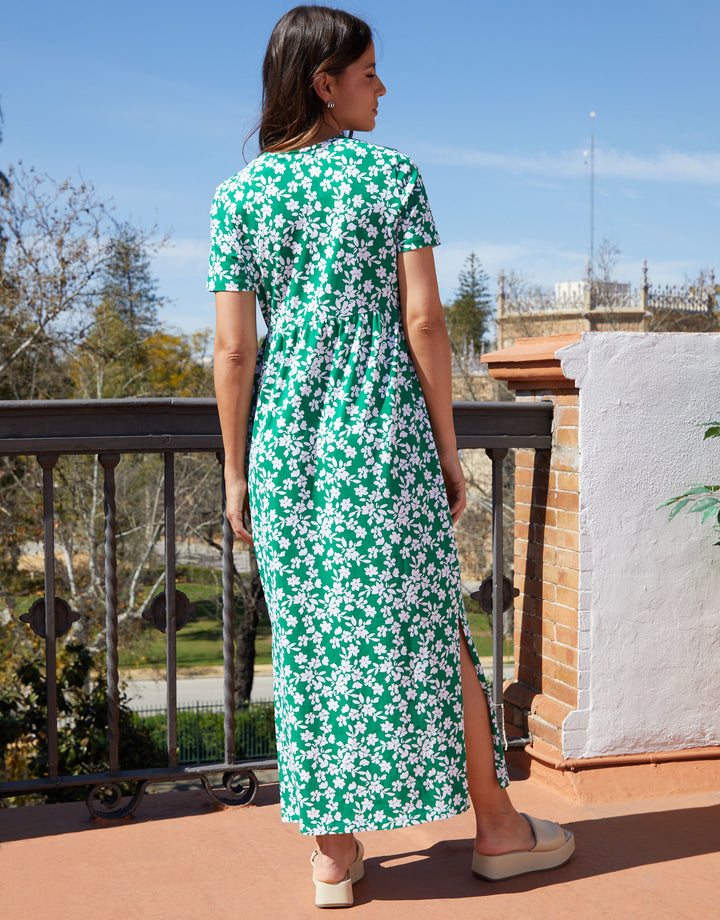 Floral Jersey Maxi Dress with Pockets in Green