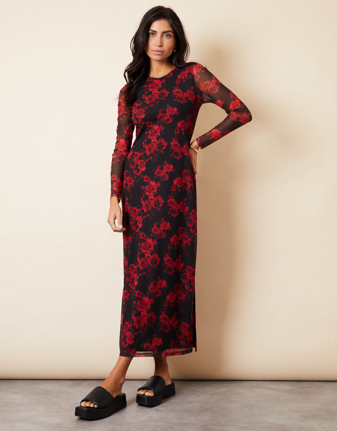 Black & Red Floral Print Long Sleeve Mesh Midi Dress
